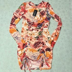 NWOT REVAMPED Floral Long Sleeve Ruched Dress L With Matching Face Mask Included